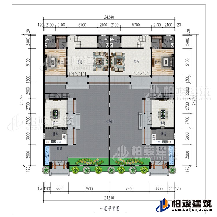 一層：月亮門、2廚房、2影壁、2餐廳、2客廳、2臥室、2衣柜、2內(nèi)衛(wèi)、2魚池