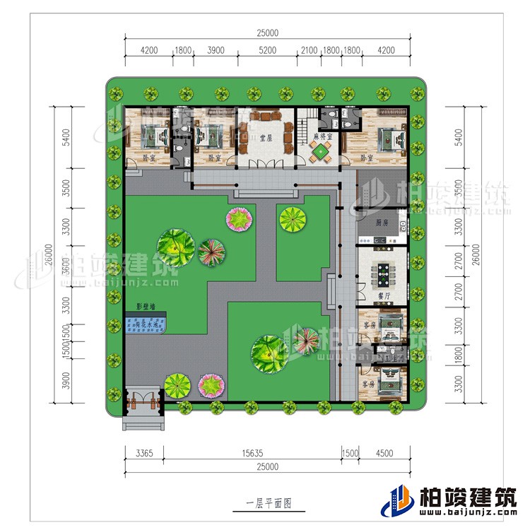 一層：影壁墻、花園、堂屋、廚房、餐廳、5臥室、2公衛(wèi)、2內(nèi)衛(wèi)、麻將室