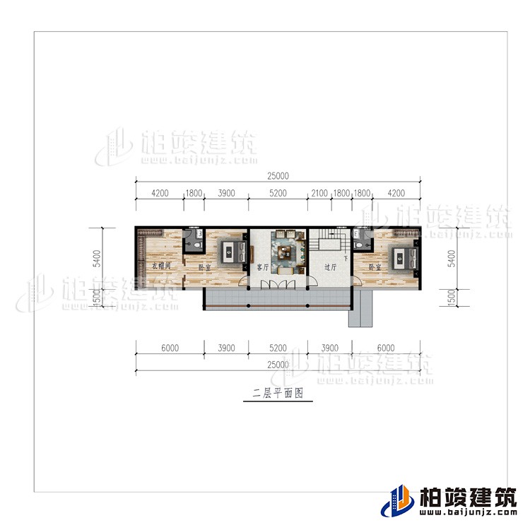 二層：過廳、客廳、衣帽間、2臥室