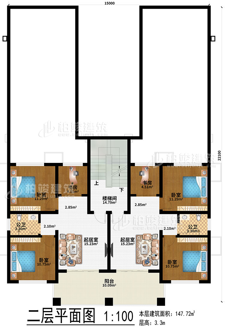 二層：2起居室、2書房、4臥室、2公衛(wèi)、樓梯間、陽臺