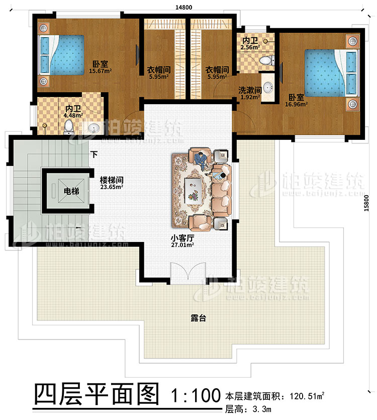 四層：2臥室、2衣帽間、2內(nèi)衛(wèi)、樓梯間、電梯、小客廳、露臺(tái)