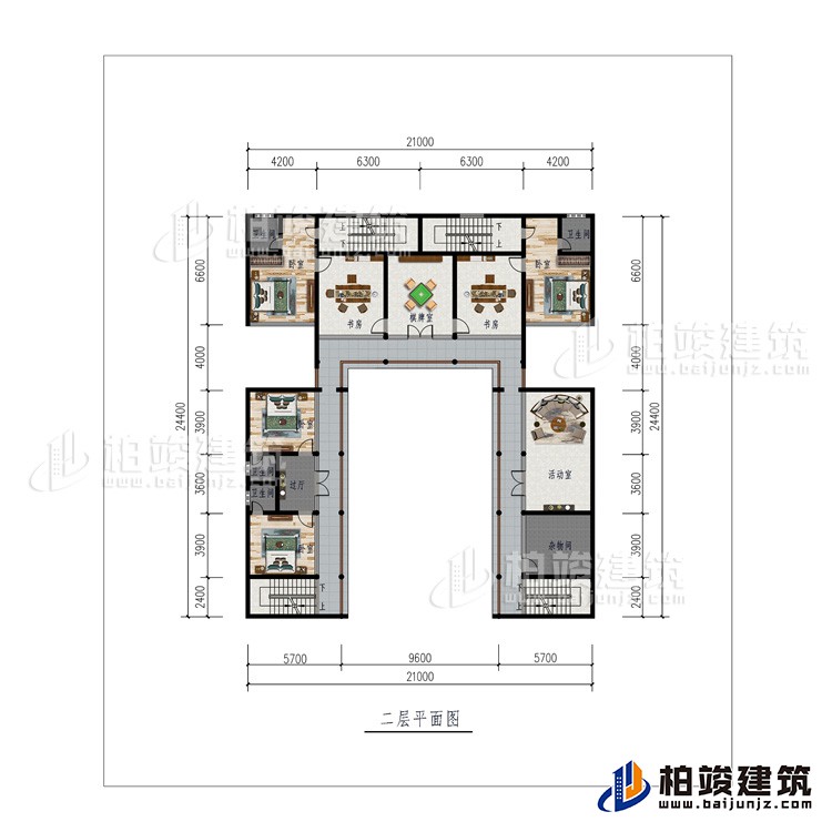 二層：棋牌室、2書房、活動室、雜物間、4臥室、4內(nèi)衛(wèi)、過廊