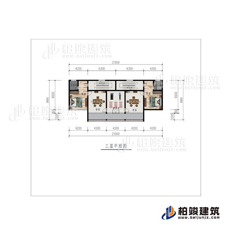 三層：2臥室、健身房、2書房、2內(nèi)衛(wèi)