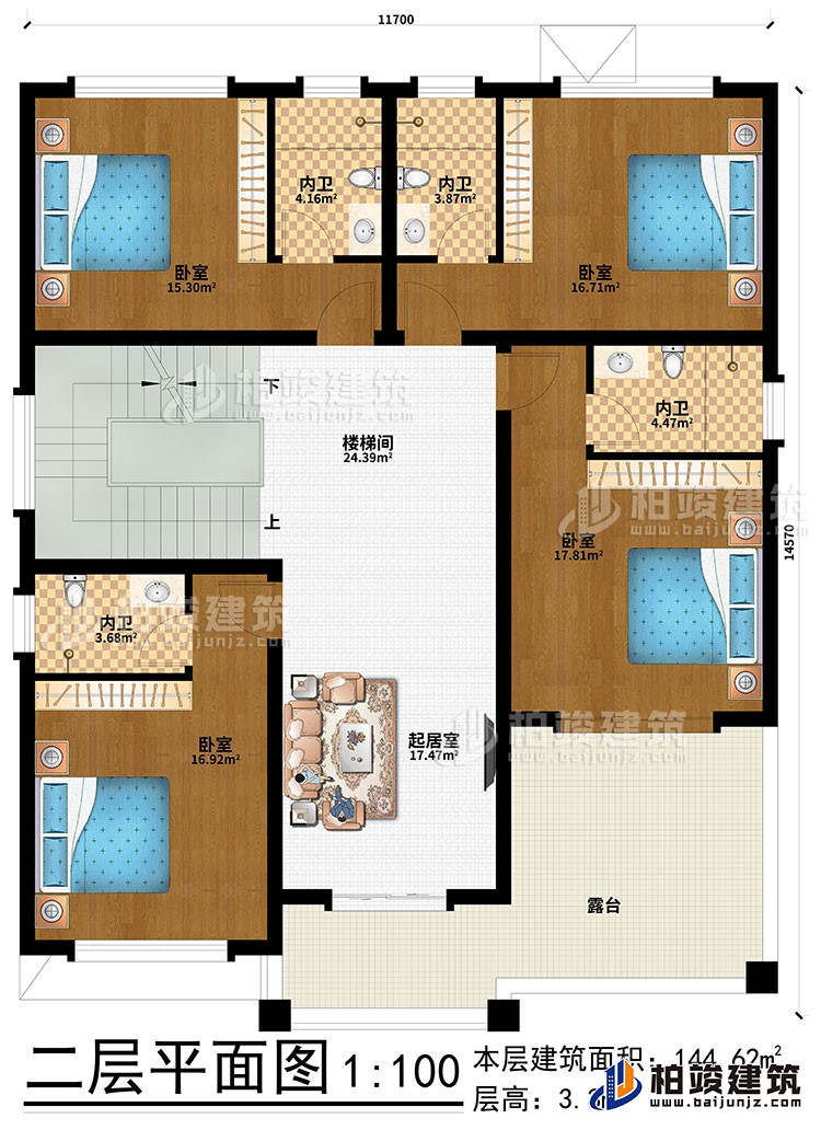 二層：起居室、樓梯間、4臥室、4內(nèi)衛(wèi)、露臺