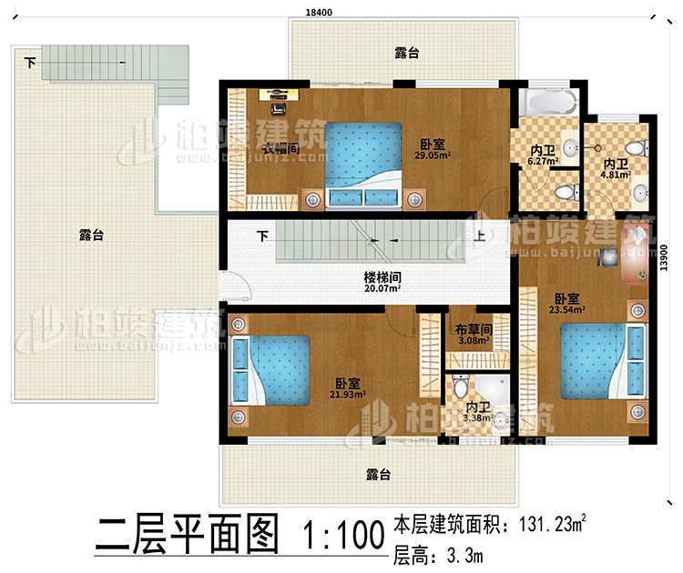 二層：樓梯間、3臥室、衣帽間、布草間、3內(nèi)衛(wèi)、3露臺