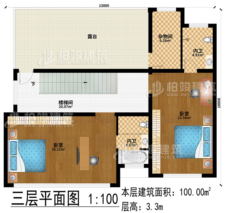 三層：2臥室、樓梯間、露臺、2內(nèi)衛(wèi)、雜物間