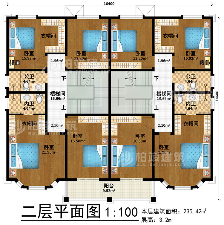 二層：2樓梯間、8臥室、4衣帽間、2公衛(wèi)、2內(nèi)衛(wèi)、陽(yáng)臺(tái)