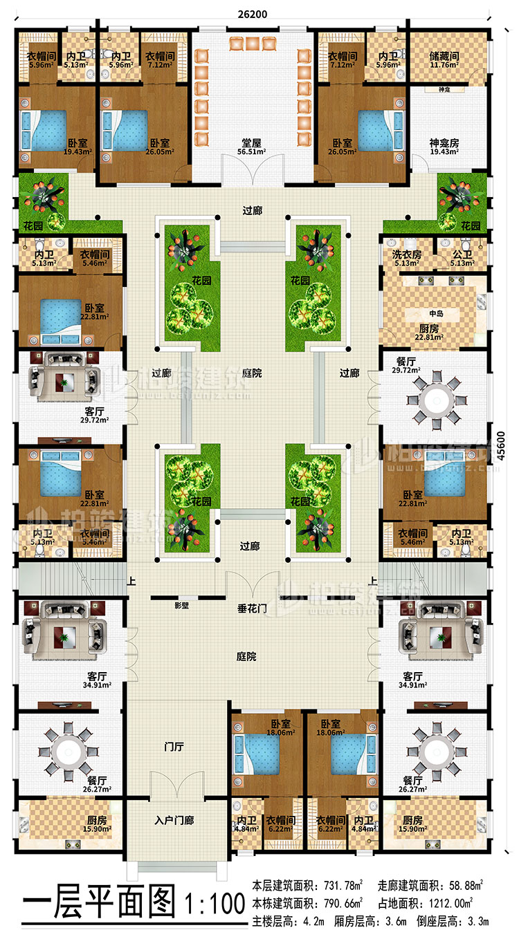 一層：入戶門廊、門廳、3餐廳、3廚房、3客廳、堂屋、神龕、神龕房、儲物間、6花園、4過廊、2庭院、影壁、垂花門、中島、洗衣房、公衛(wèi)、8臥室、8衣帽間、8內(nèi)衛(wèi)