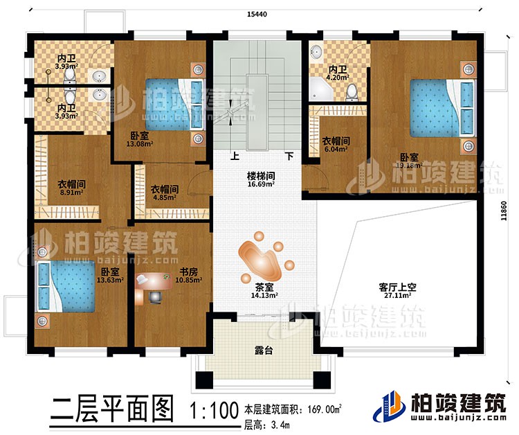 二層：茶室、樓梯間、客廳上空、3臥室、3衣帽間、書(shū)房、3內(nèi)衛(wèi)、露臺(tái)