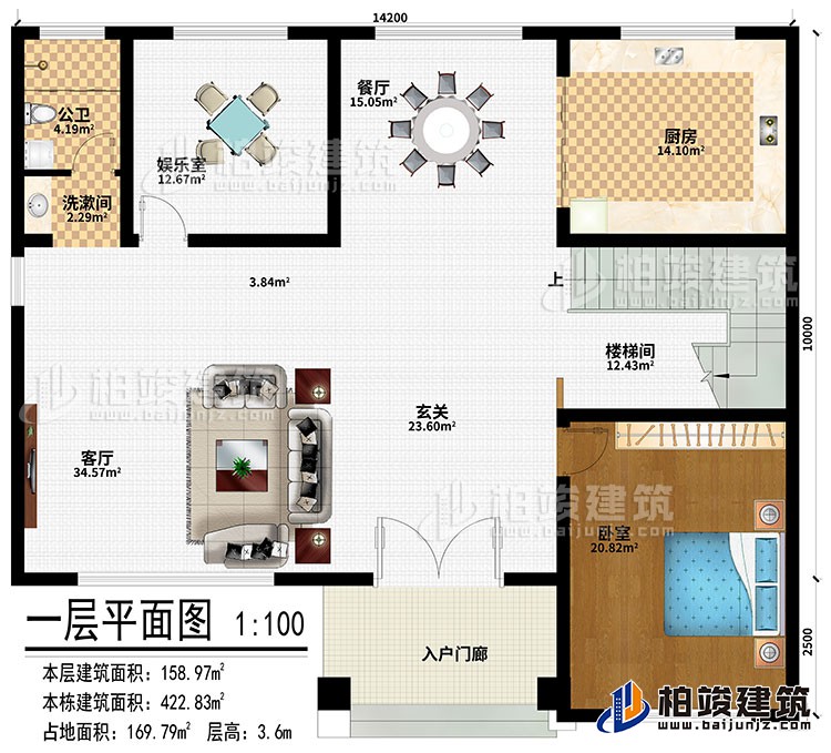 一層：入戶門廊、玄關(guān)、客廳、餐廳、廚房、娛樂室、樓梯間、臥室、洗漱間、公衛(wèi)