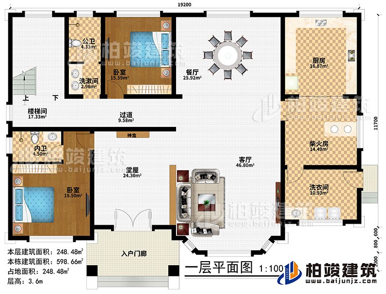 一層：入戶門廊、堂屋、神龕、客廳、餐廳、廚房、柴火房、2臥室、洗漱間、洗衣間、公衛(wèi)、內(nèi)衛(wèi)、過道、樓梯間