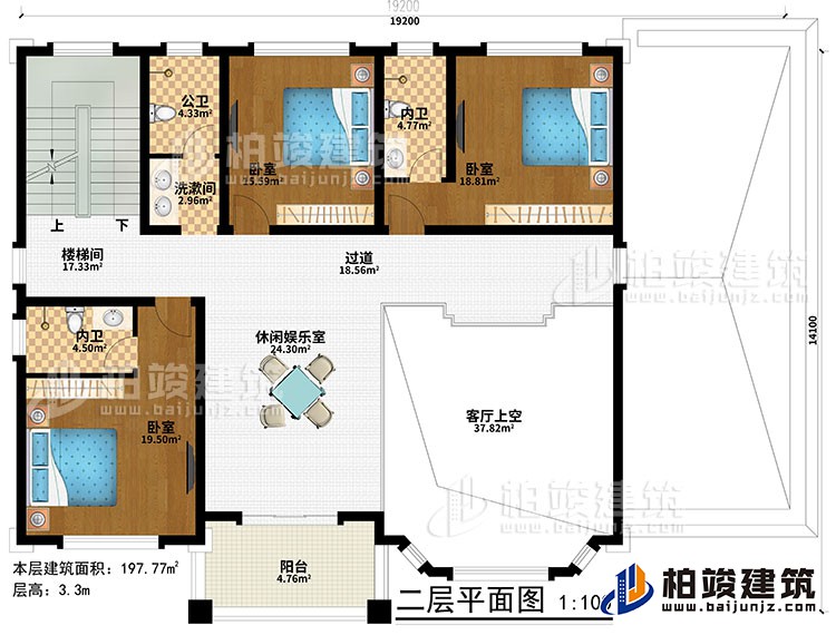 一層：休閑娛樂室、樓梯間、客廳上空、過道、3臥室、洗漱間、公衛(wèi)、2內(nèi)衛(wèi)、陽臺(tái)