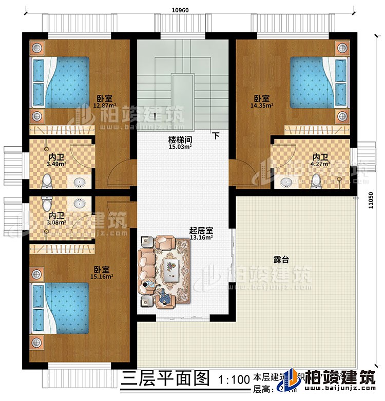 三層：起居室、樓梯間、3臥室、3內(nèi)衛(wèi)、露臺