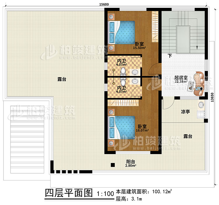 四層：起居室、2臥室、2內(nèi)衛(wèi)、涼亭、陽臺、2露臺