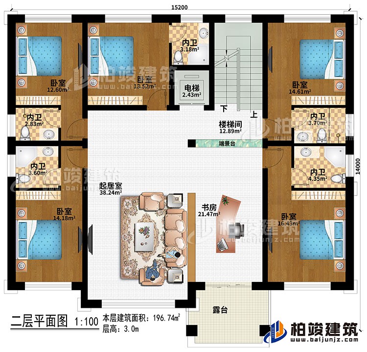 二層：樓梯間、端景臺、起居室、書房、5臥室、電梯、5內(nèi)衛(wèi)、露臺