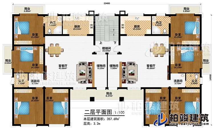 二層：樓梯間、2客餐廳、2儲物間、2廚房、8臥室、5陽臺、2內(nèi)衛(wèi)、2公衛(wèi)、2洗漱間