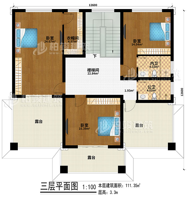 三層：樓梯間、3臥室、公衛(wèi)、內(nèi)衛(wèi)、3露臺、衣帽間