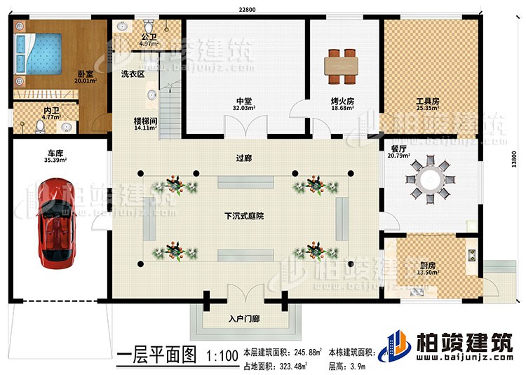 一層：入戶門廊、下沉式庭院、樓梯間、洗衣區(qū)、中堂、烤火房、工具房、餐廳、廚房、車庫(kù)、臥室、內(nèi)衛(wèi)、過廊