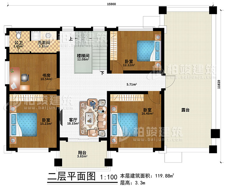 二層：客廳、樓梯間、3臥室、書(shū)房、洗漱間、公衛(wèi)、露臺(tái)、陽(yáng)臺(tái)