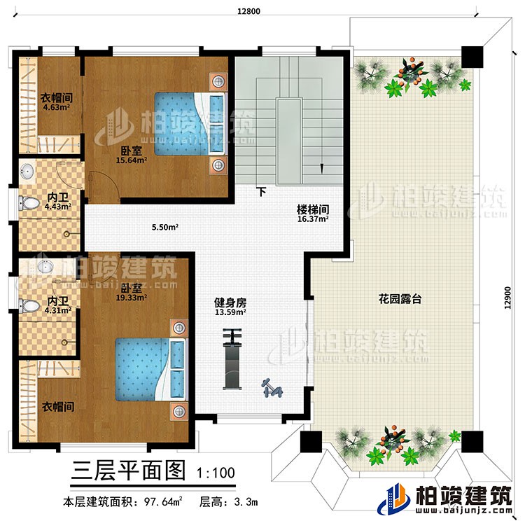 三層：健身房、樓梯間、2臥室、2衣帽間、2內(nèi)衛(wèi)、花園露臺