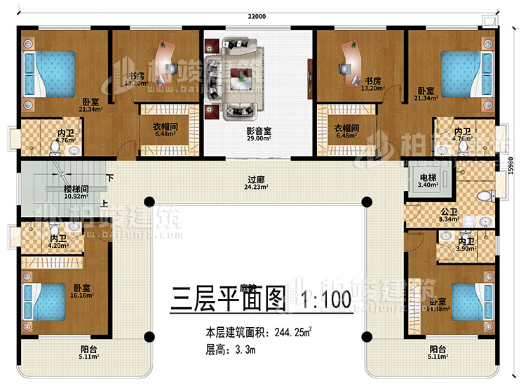 三層：影音室、過廊、樓梯間、電梯、4臥室、2衣帽間、2書房、4內(nèi)衛(wèi)、公衛(wèi)、2陽臺