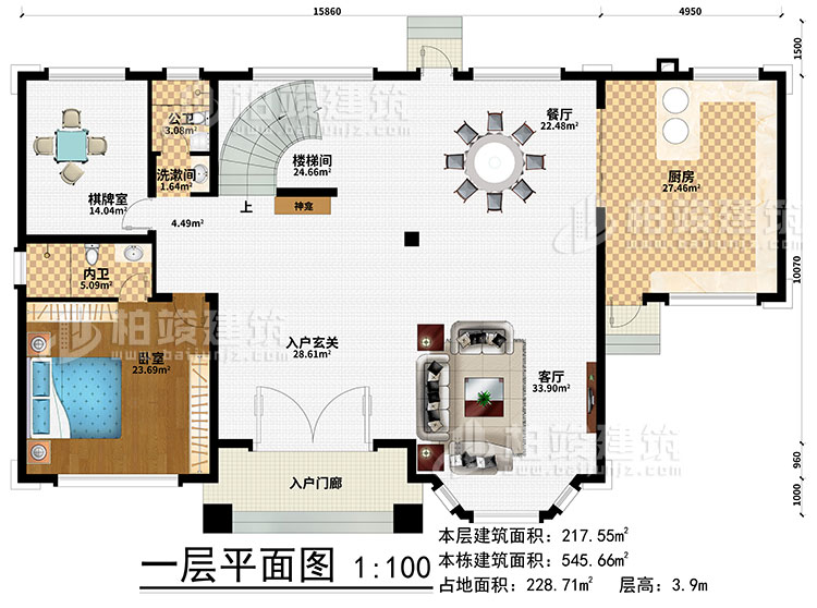 一層：樓梯間、3臥室、衣帽間、公衛(wèi)、內(nèi)衛(wèi)、陽(yáng)光房、涼亭、2露臺(tái)