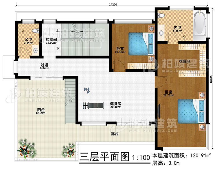 三層：健身房、樓梯間、2臥室、衣帽間、過(guò)道、公衛(wèi)、內(nèi)衛(wèi)、陽(yáng)臺(tái)、露臺(tái)