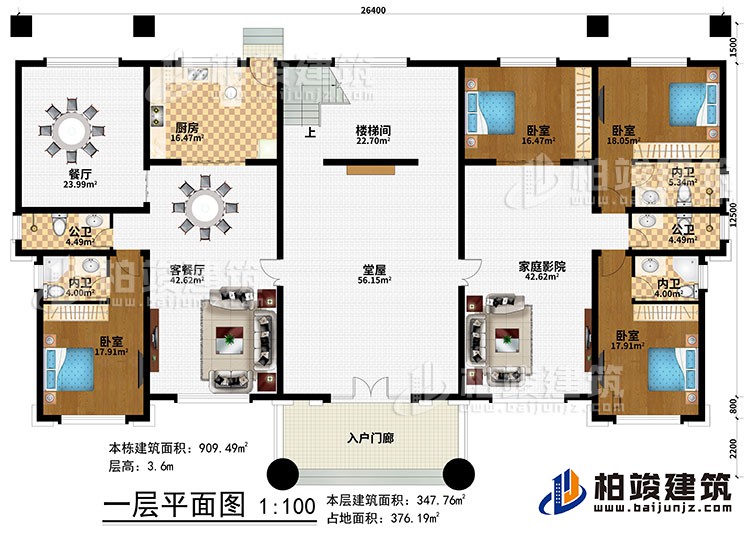 一層：入戶門廊、堂屋、客餐廳、餐廳、廚房、樓梯間、4臥室、2公衛(wèi)、3內(nèi)衛(wèi)、家庭影院