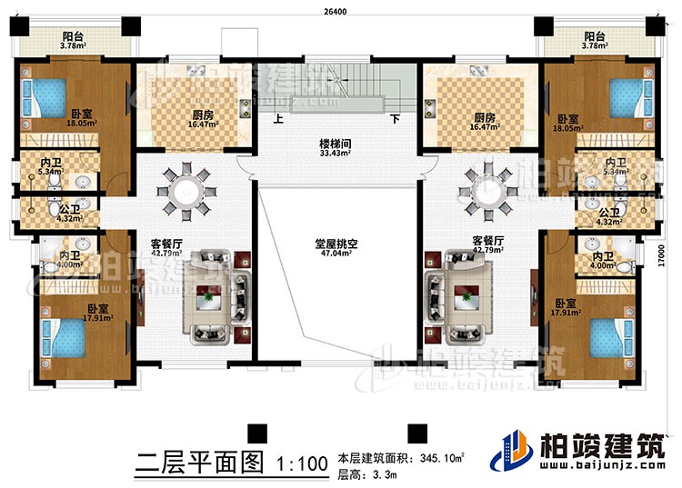 二層：堂屋挑空、樓梯間、2廚房、2客餐廳、4臥室、2公衛(wèi)、4內(nèi)衛(wèi)、2陽(yáng)臺(tái)