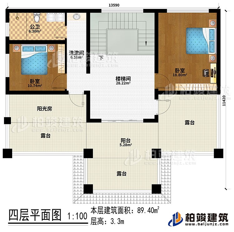 四層：樓梯間、洗漱間、2臥室、陽光房、公衛(wèi)、陽臺(tái)、3露臺(tái)