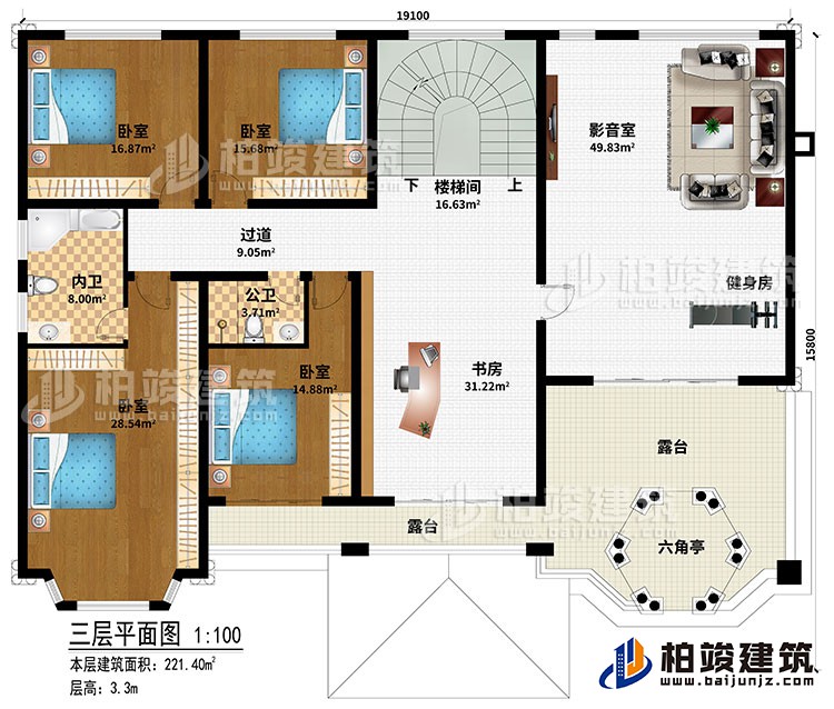 三層：樓梯間、書房、過道、4臥室、公衛(wèi)、內(nèi)衛(wèi)、影音室、健身房、2露臺、六角亭