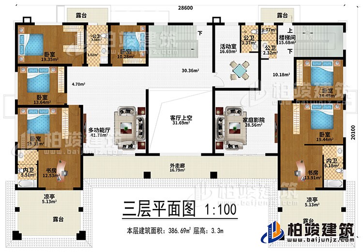 三層：多功能廳、客廳上空、家庭影院、6臥室、2書房、活動室、3公衛(wèi)、2內(nèi)衛(wèi)、4露臺、2涼亭、外走廊、樓梯間