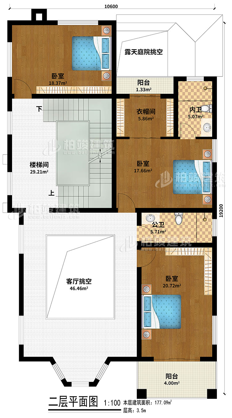 二層：樓梯間、客廳挑空、露天庭院挑空、3臥室、衣帽間、公衛(wèi)、內(nèi)衛(wèi)、2陽臺