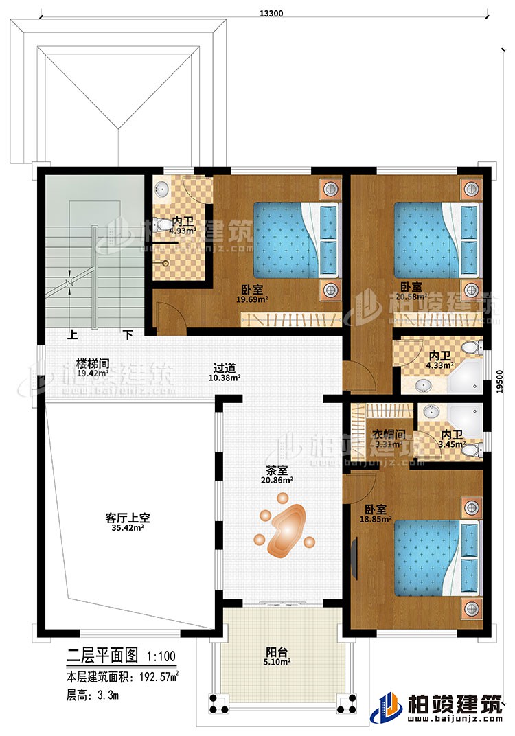 二層：樓梯間、3臥室、過道、茶室、客廳上空、衣帽間、3內衛(wèi)、陽臺