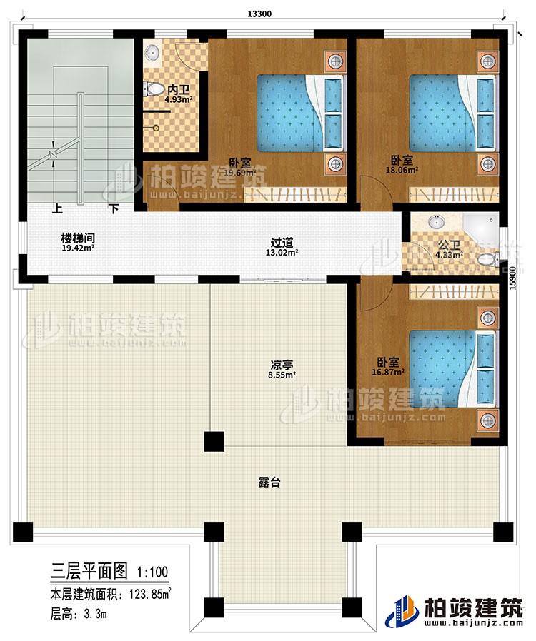 三層：樓梯間、過道、3臥室、公衛(wèi)、內衛(wèi)、涼亭、露臺