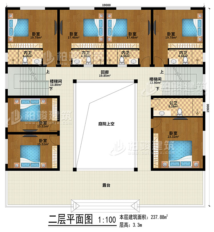 二層：回廊、露臺(tái)、庭院上空、2樓梯間、7臥室、4內(nèi)衛(wèi)、公衛(wèi)