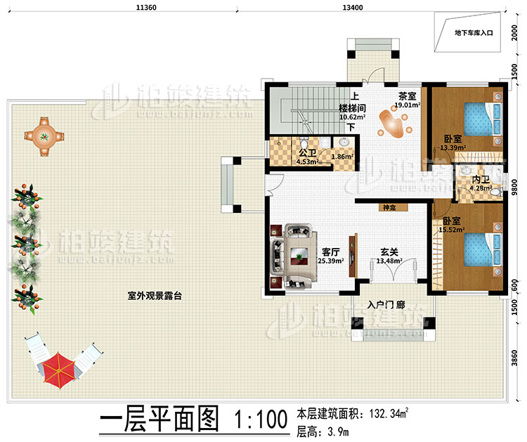 一層：起居室、樓梯間、書房、3臥室、衣帽間、公衛(wèi)、內(nèi)衛(wèi)、陽臺(tái)