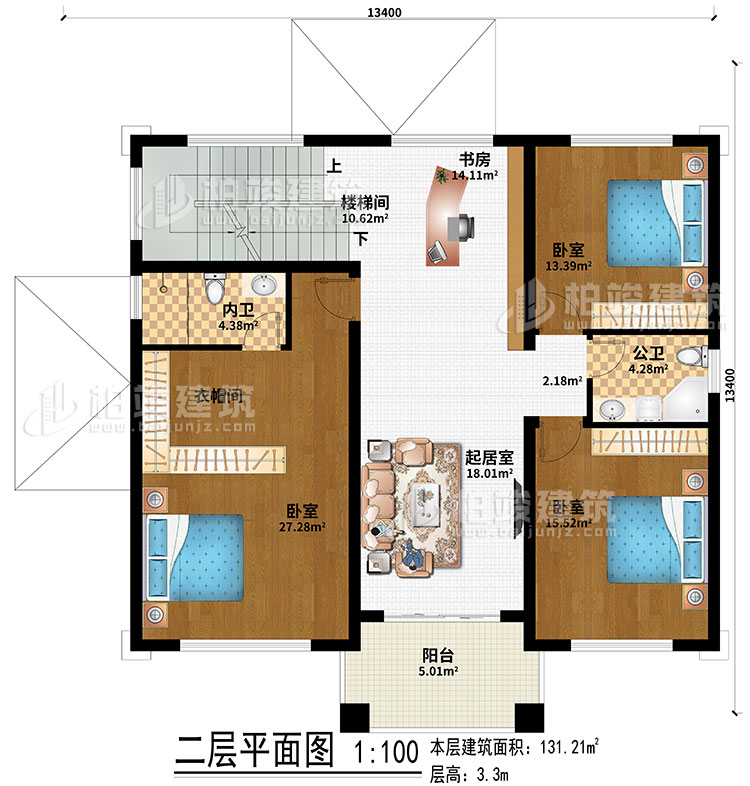 二層：室外觀景露臺(tái)、地下車庫(kù)入口、入戶門廊、玄關(guān)、客廳、神龕、茶室、樓梯間、2臥室、公衛(wèi)、內(nèi)衛(wèi)