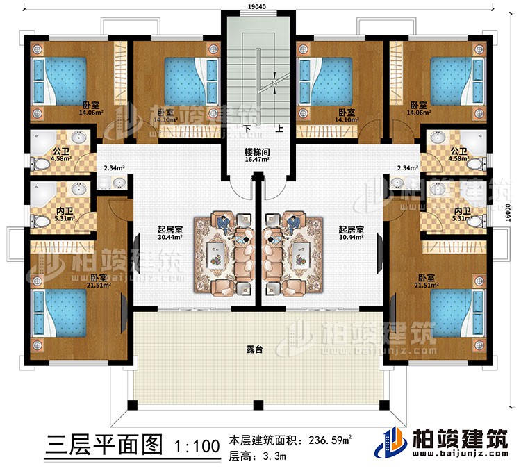 三層：2起居室、樓梯間、6臥室、2公衛(wèi)、2內(nèi)衛(wèi)、露臺(tái)