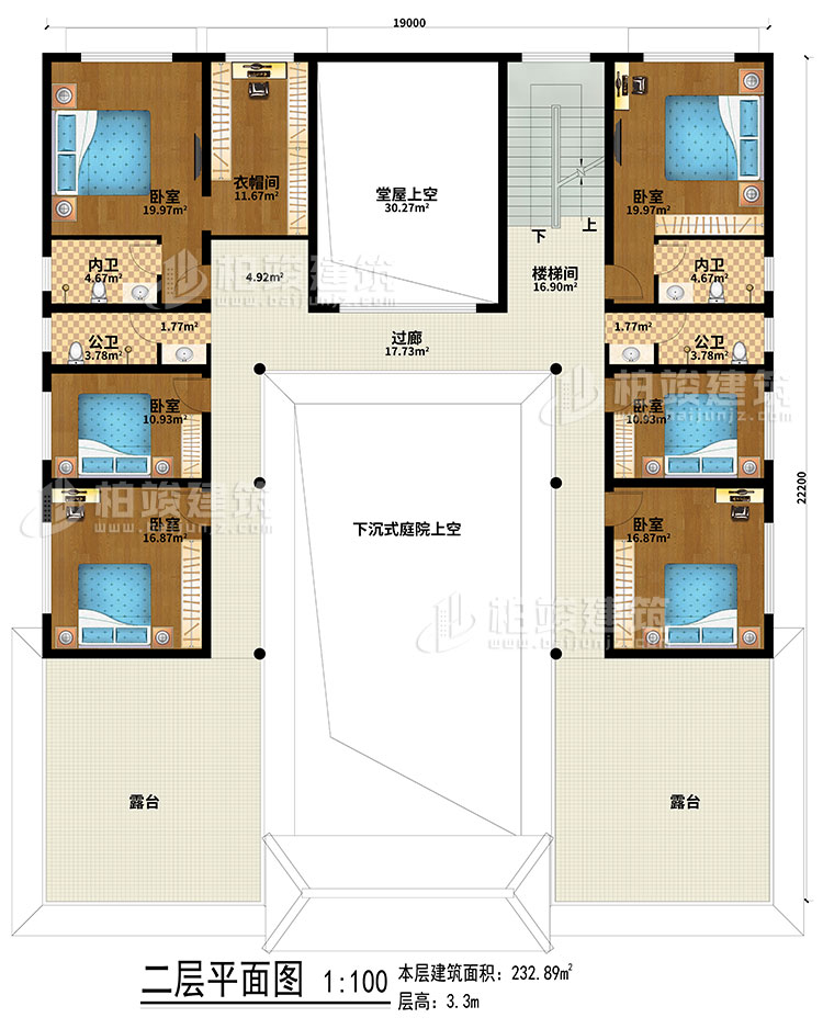 二層：下沉式庭院上空、堂屋上空、樓梯間、過(guò)廊、6臥室、衣帽間、2公衛(wèi)、2內(nèi)衛(wèi)、露臺(tái)