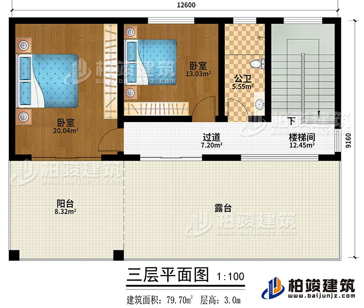 三層：過(guò)道、樓梯間、2臥室、公衛(wèi)、陽(yáng)臺(tái)、露臺(tái)