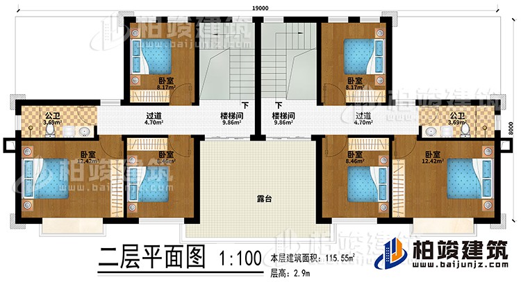 二層：2樓梯間、6臥室、2公衛(wèi)、2過道、露臺