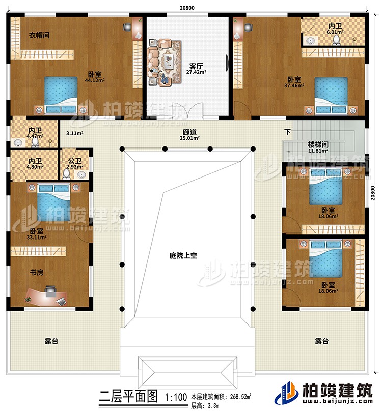 二層：樓梯間、廊道、庭院上空、客廳、5臥室、衣帽間、書房、3內(nèi)衛(wèi)、公衛(wèi)、2露臺(tái)