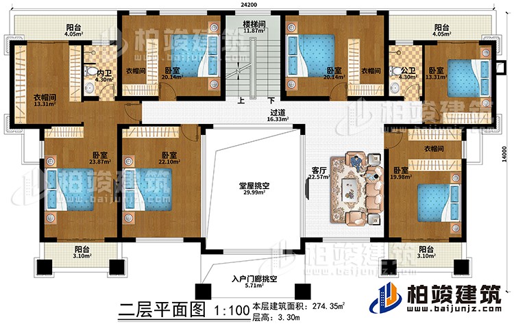 二層：堂屋挑空、入戶門廊挑空、客廳、過道、樓梯間、6臥室、4衣帽間、公衛(wèi)、內衛(wèi)、4陽臺