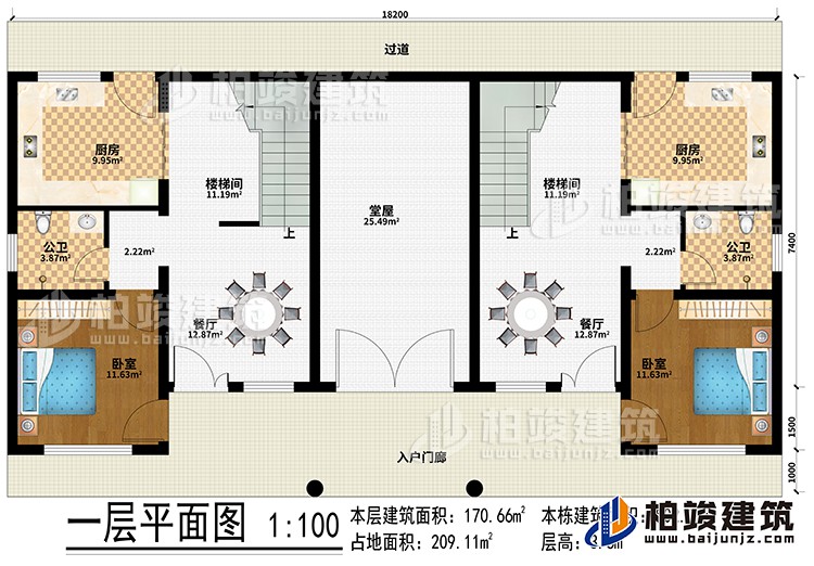 一層：入戶門廊、過道、堂屋、2廚房、2樓梯間、2餐廳、2臥室、2公衛(wèi)