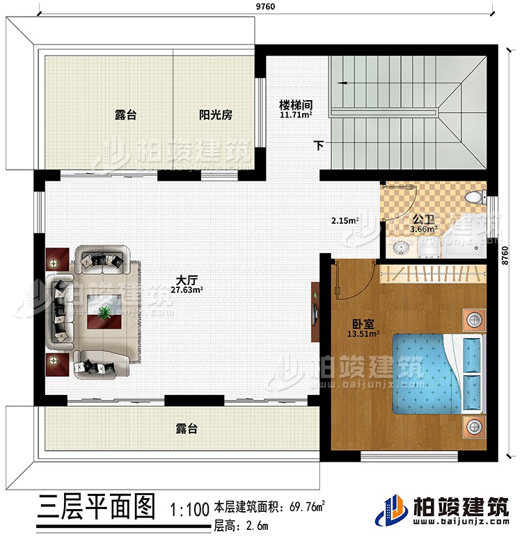 三層：樓梯間、大廳、臥室、公衛(wèi)、陽光房、2露臺