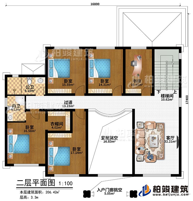 二層：樓梯間、客廳、堂屋挑空、入戶門廊挑空、4臥室、衣帽間、書房、公衛(wèi)、內(nèi)衛(wèi)