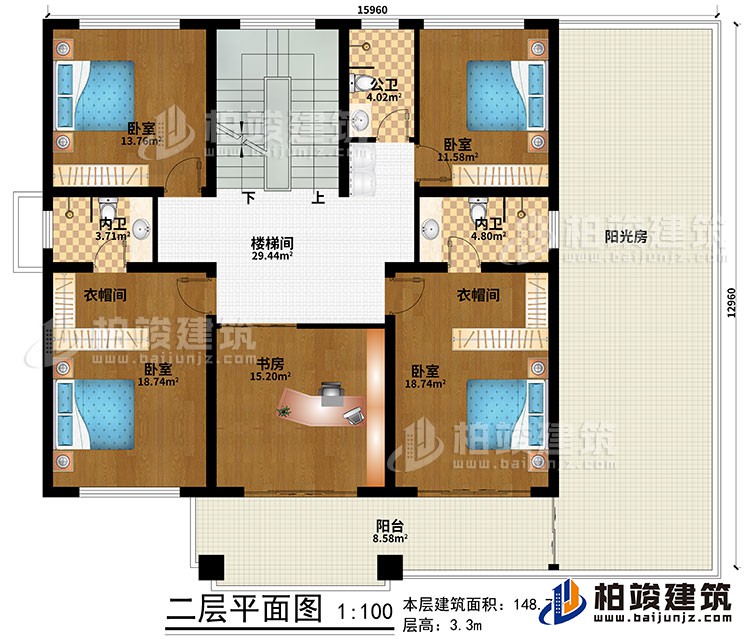 二層：樓梯間、4臥室、書房、2衣帽間、公衛(wèi)、2內(nèi)衛(wèi)、陽臺、陽光房