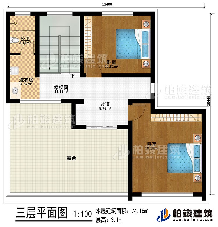 三層：過(guò)道、樓梯間、2臥室、公衛(wèi)、洗衣房、露臺(tái)