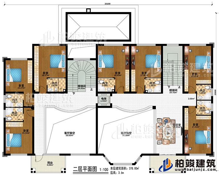 二層：2樓梯間、2客廳挑空、起居室、7臥室、7內(nèi)衛(wèi)、電梯、2陽臺